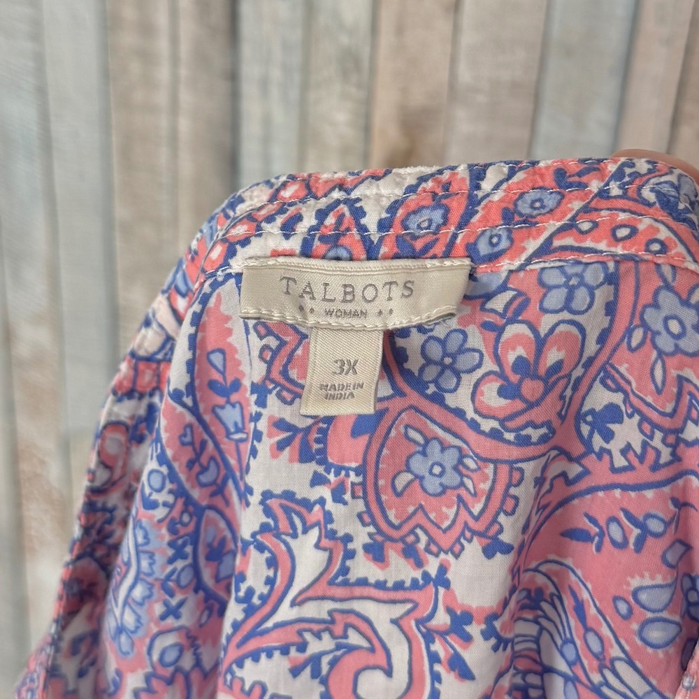 Talbots 3X Pink Blue Paisley 100% Cotton Tunic Blouse 3/4 Sleeve V-Neck Top - Picture 7 of 8
